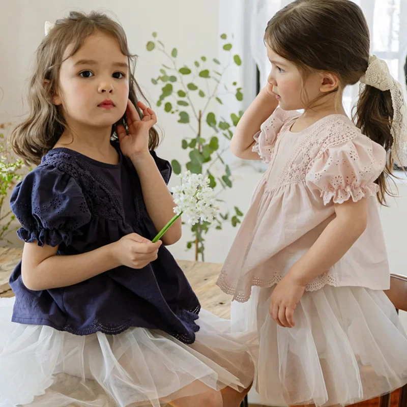 

Girls and Children's Sweet and Cute Cotton Bubble Sleeves Short Sleeved Shirt 2025 Summer Korean Style