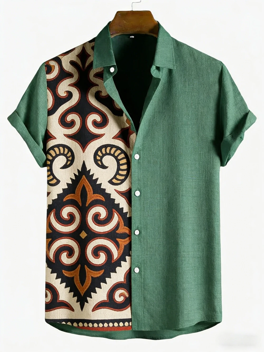 New Product Color Blocking Splicing Retro Persian Ethnic Pattern Printed Shirt for Men, Niche Retro Atmosphere Loose Shirt