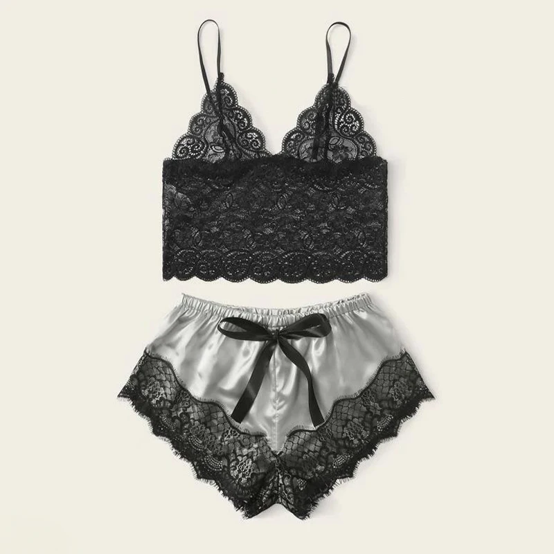 Sexy Lace Silk Sleepwear Two Pieces Lingerie Women Crop Tops Shorts Nightwear