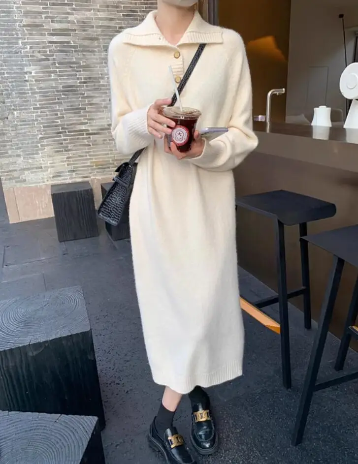 New Autumn/Winter Fashion Long Sleeve Turn-down Collar Knitted Loose Solid Color Dress For Women,3 Colors