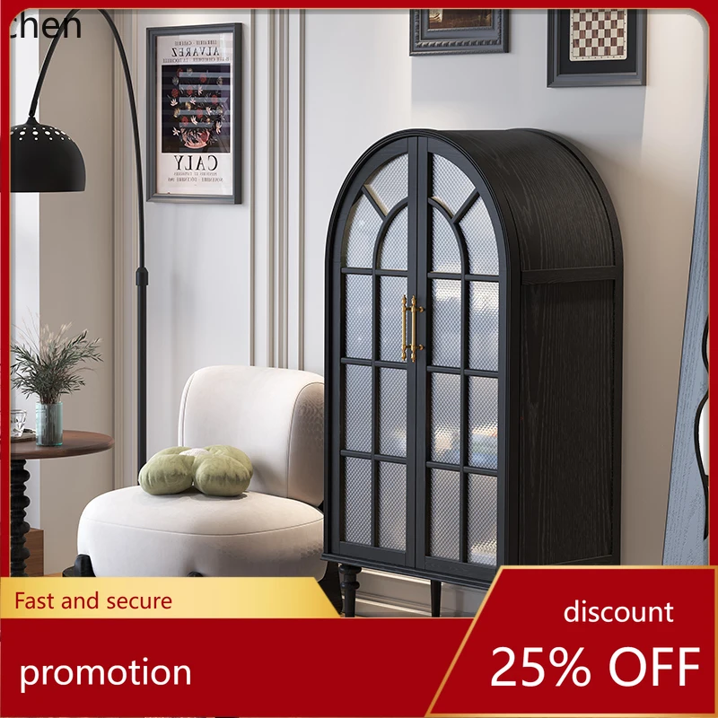 

HT retro solid wood bookcase arched TV side cabinet medium antique storage cabinet living room entrance storage cabinet