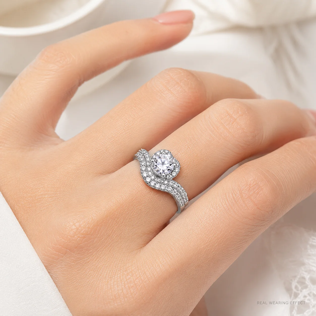 LongZhe Moissanite Ring Set for Women 1CT Wrap Bridal Ring 925 Sterling Silver Halo Engagement Wedding Jewelry Gift