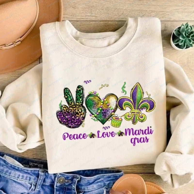 

Peace Love Mardi Gras Shirt Peace Love Mardi Gras Shirt Mardi Grass Faux Glitter T-shirt Oversized Hoodie Hoodies Women Tops