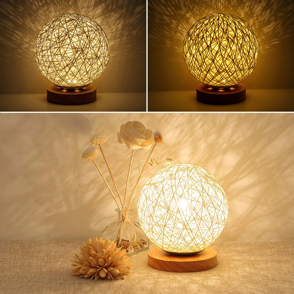 LED Rattan Ball Night Light USB Table Lamp Dimmable Hand-Knit Rattan Ball Lampshade Bedside Lamp Bedroom Decor Moon Night Light