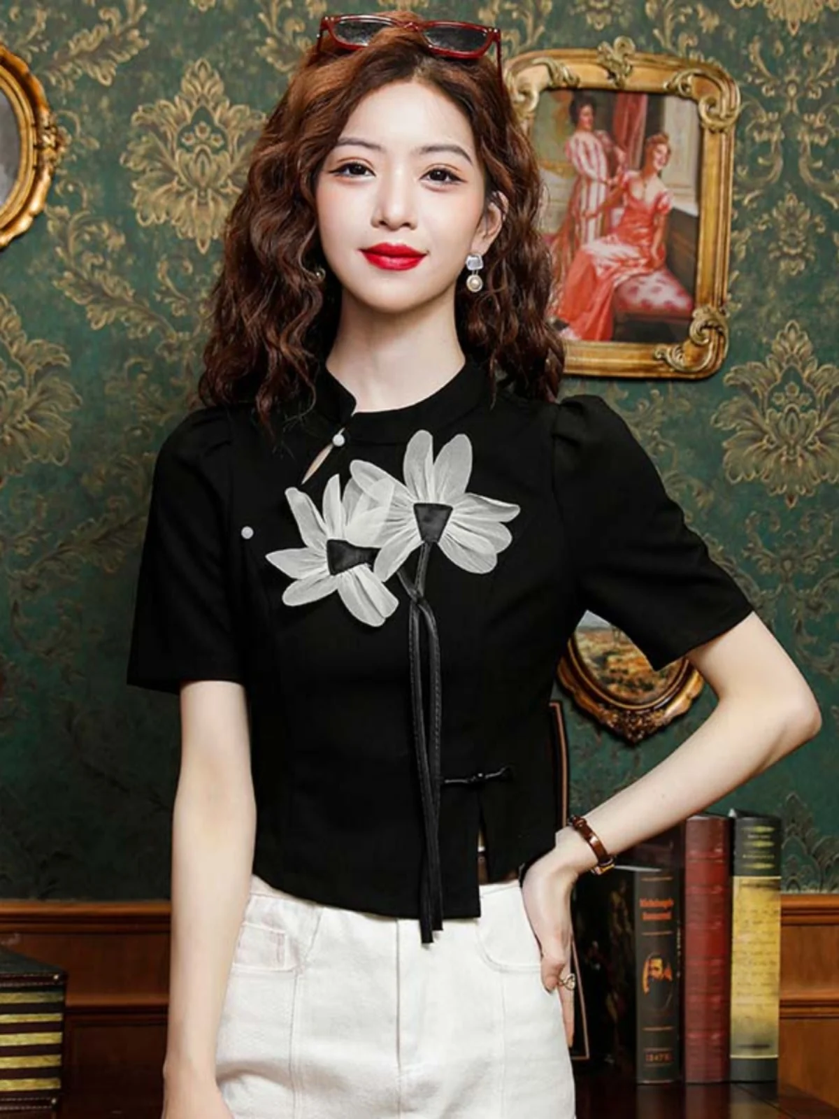 

Женская футболка с цветочным принтом ор Све ручной работы Base irt Design Sense Small ence, новинка лета, китайский национальный тренд B...