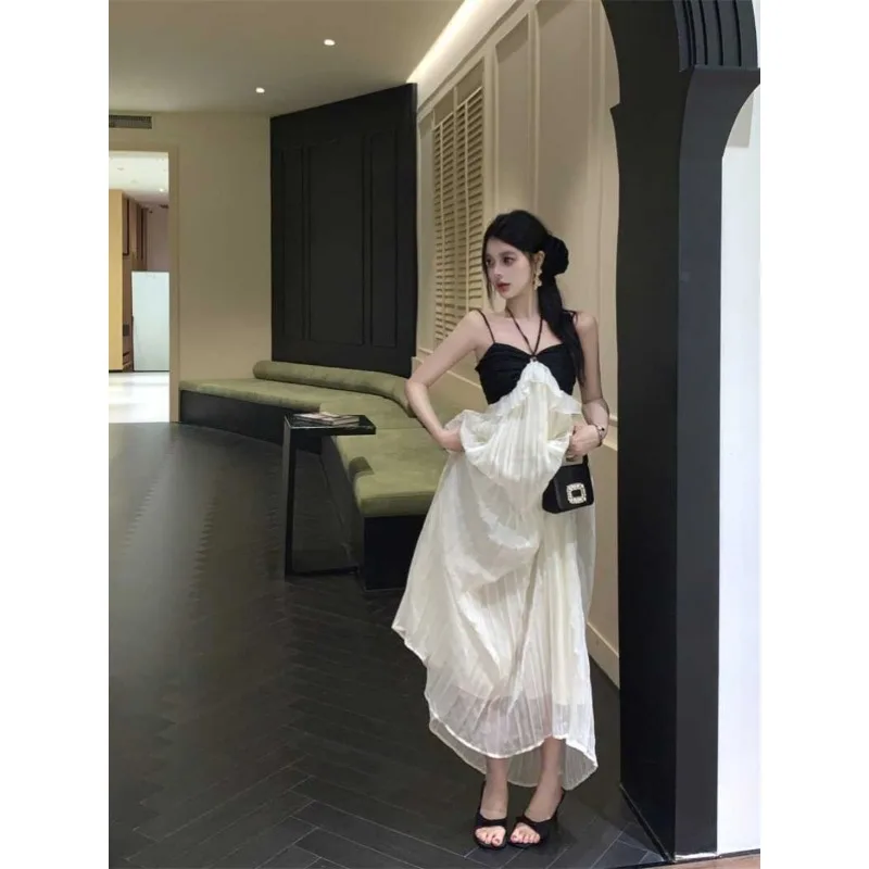 Vestido camisero francés con franjas de Color y cuello Halter para mujer, nuevo vestido elegante Vintage ajustado de verano