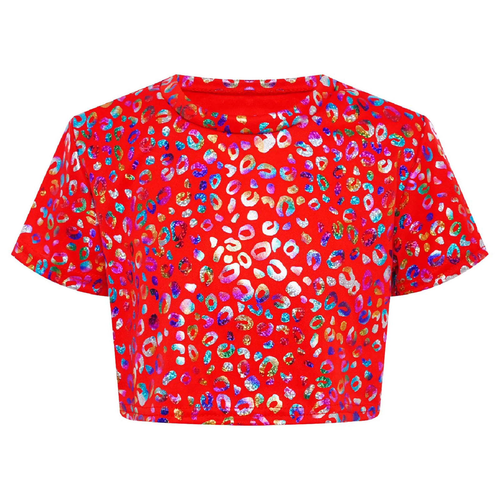 Mode Kinder Mädchen Metallic Rundhals Crop T Top Leopard Print Kurzarm T-shirt Jazz Dance Kostüm Leistung Kleidung