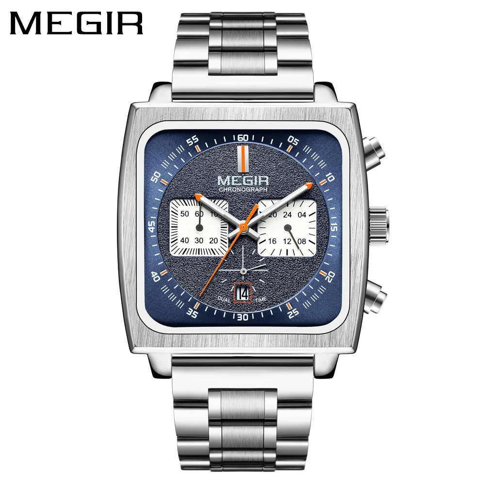 MEGIR Square Dial Chronograph Quartz Wrist Watches for Men's Fashion Multi-Functional Casual Sport Male Wristwatch Date 24-hour