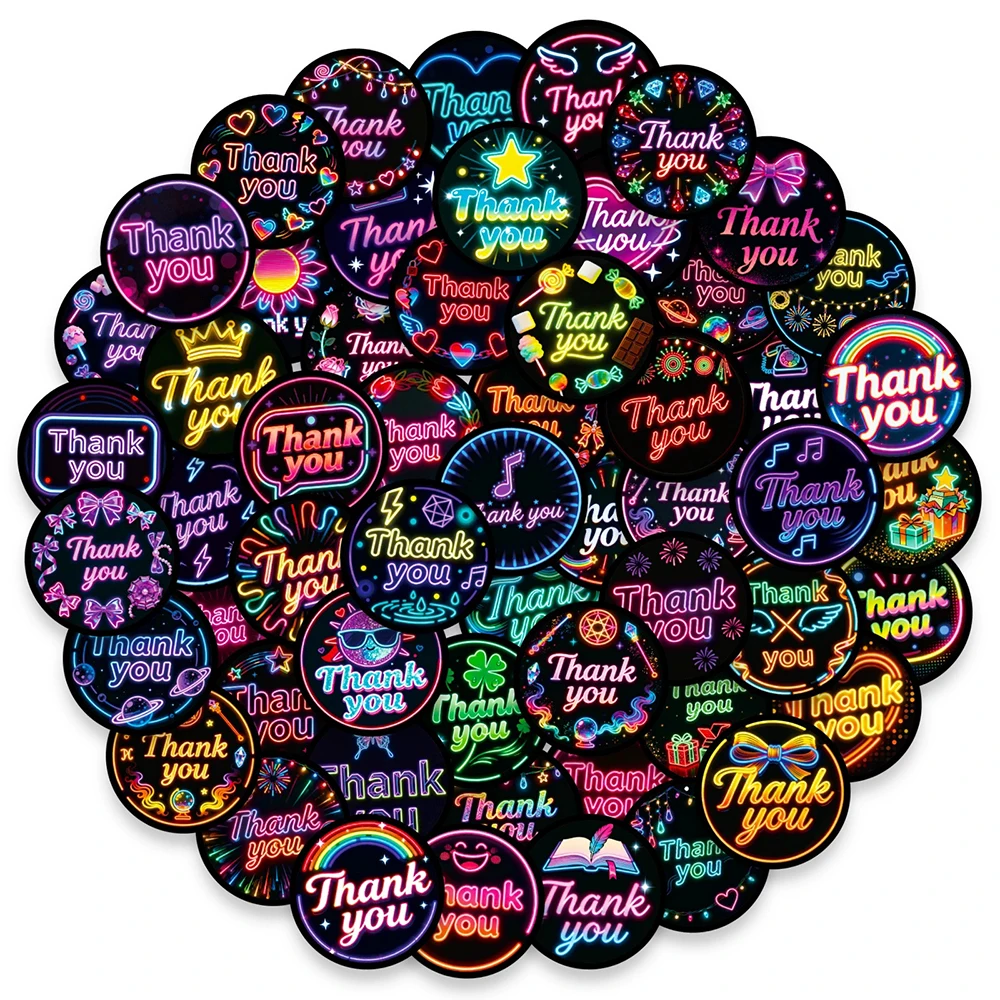 10/30/50pcs Cartoon Neon Thank You Graffiti Stickers Decals DIY Laptop Fridge Diary Phone Case Suitcase Label Decoration Sticker