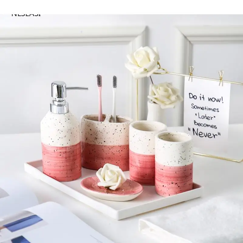 

Japanese Retro Style Bathroom Set Accessories Ceramic Toothbrush Holder Mouth Cup Soap Dish Lotion Bottle Tray Decorations