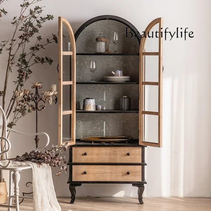 

A French retro solid wood two-door bookcase, living room glass display case, floor-to-ceiling bookcase with drawers against the