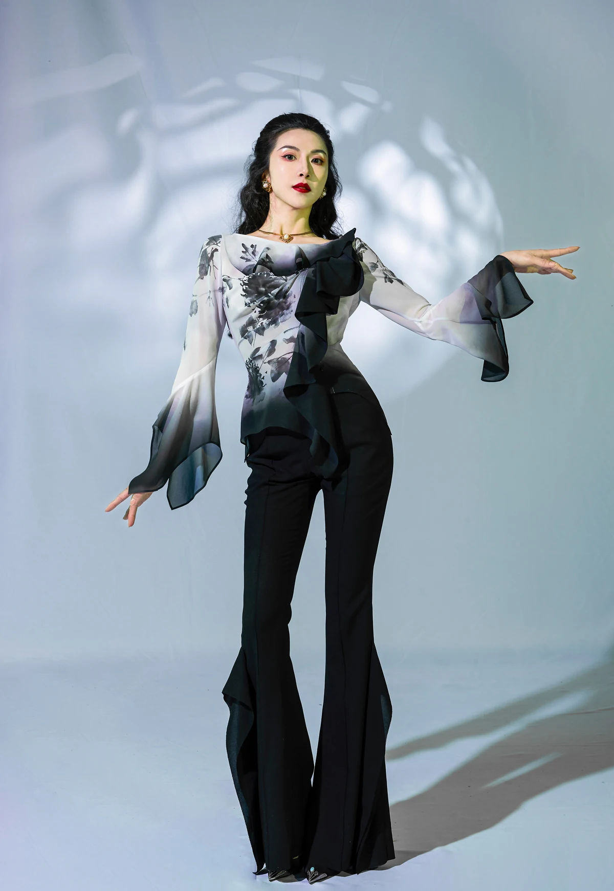 

High Waist Slim Fit Wide Leg Pants Asymmetric Design Silk Crt Decorative Patch Splicing Acidic Color Polyester Viscose Blend