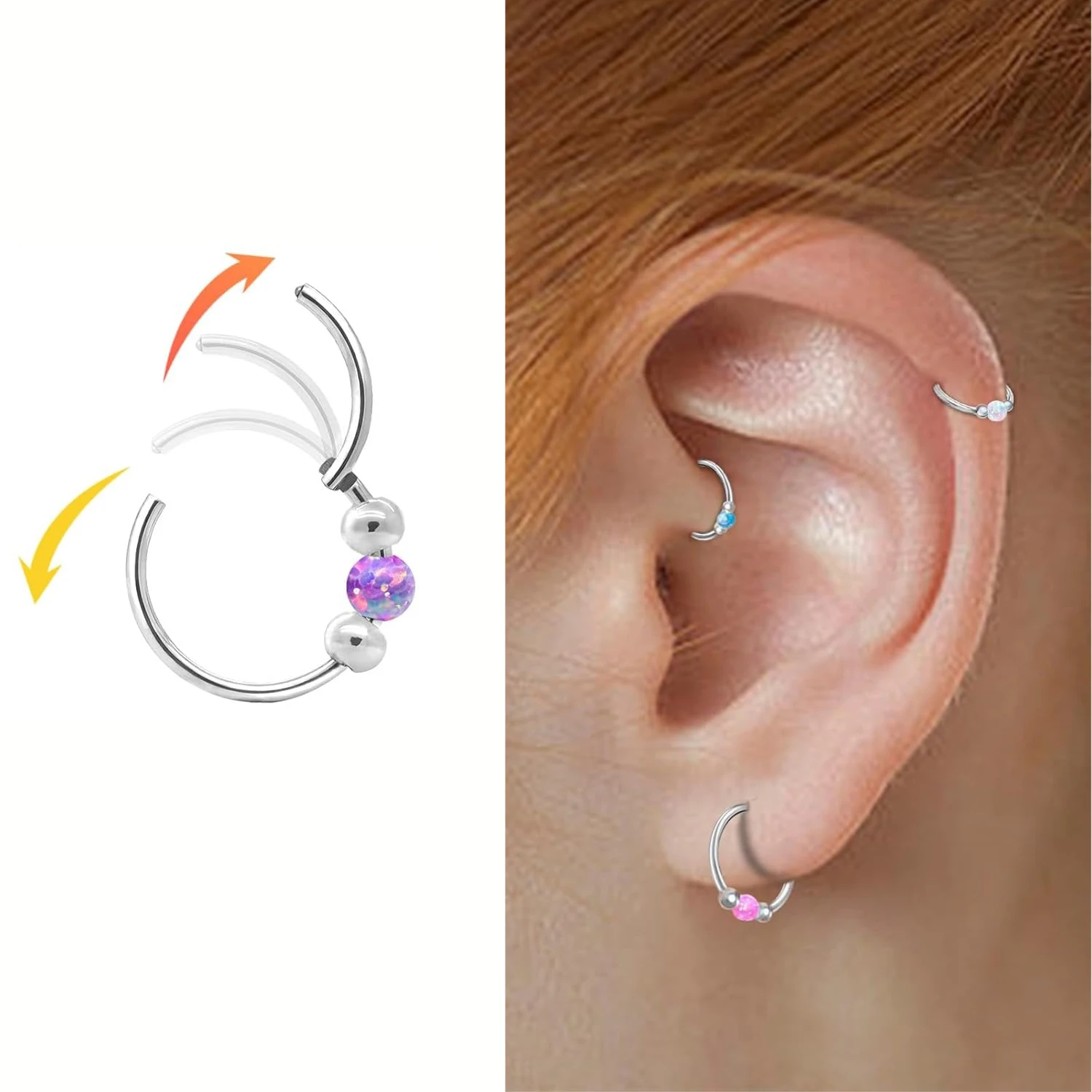Surgical Steel Nose Rings Hoop 18g 20g Opal Septum Rings 8mm/10mm Nose Piercing Jewelry Cartilage Earring for Women