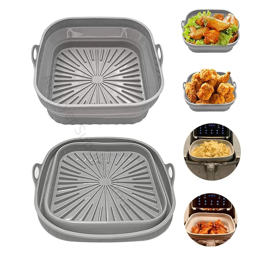 Revestimientos de silicona plegables para freidora de aire, cesta antiadherente cuadrada de 8 pulgadas, bandeja reutilizable para hornear para 4-7 QT, accesorios para freidora de aire