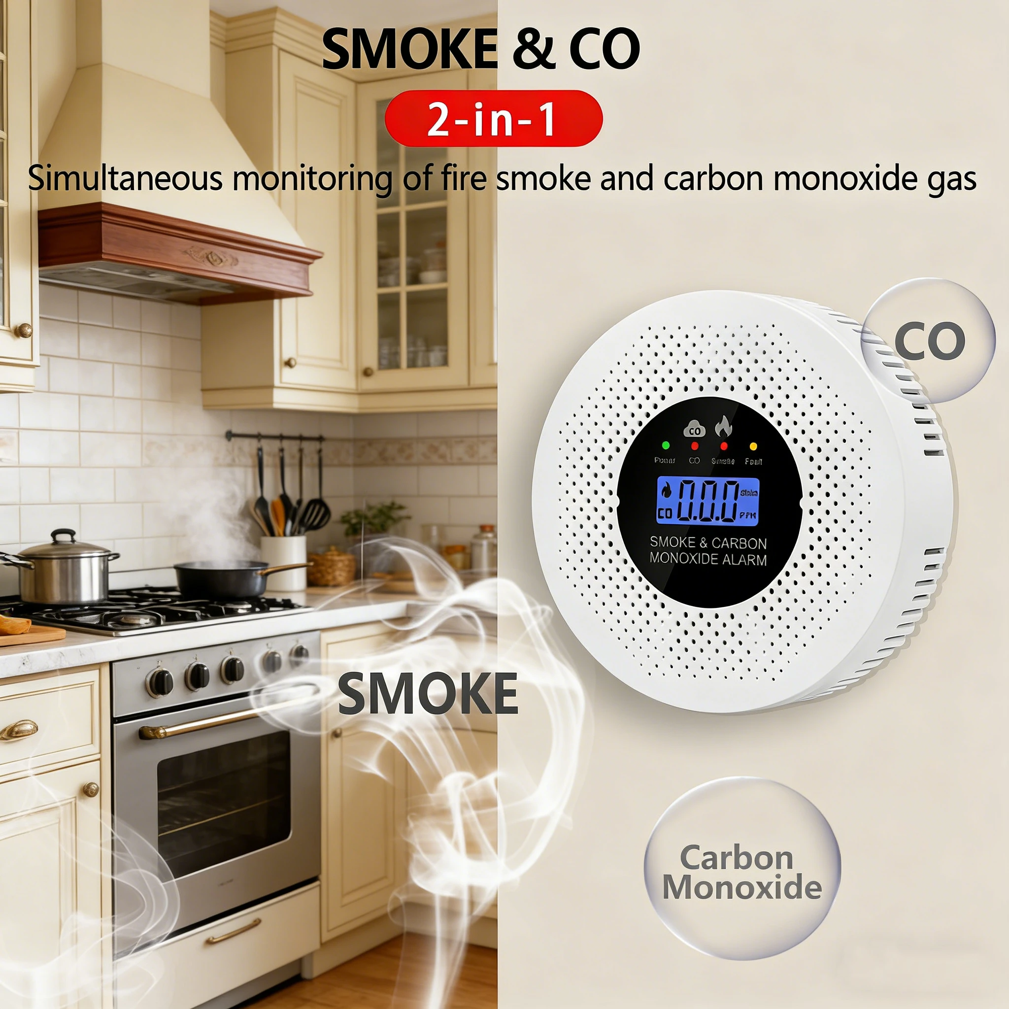 

2-in-1 Smoke and Carbon Monoxide Detector with LCD Display Carbon Monoxide Alarm Powered by Battery for House Apartment Kitchen