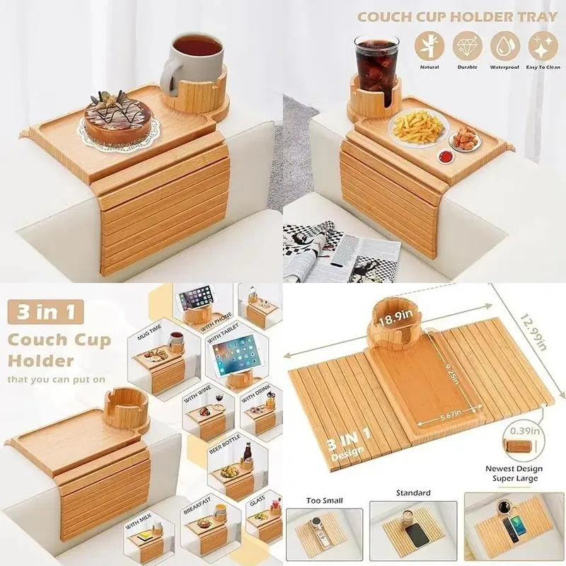 for Bamboo sofa armrest tray, foldable cup holder and fruit snack tray, living room sofa side storage tray, modern and simple