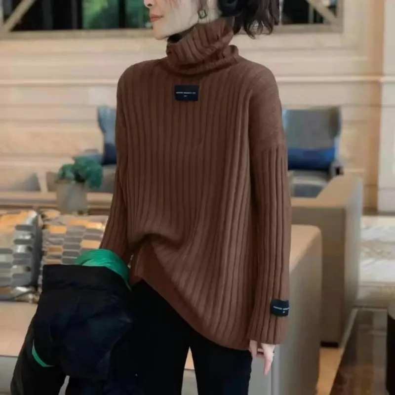 Autumn and Winter Women\'s Solid Color High Neck Sweater 2023 Loose Fit Mid Length Elastic Elegant Knitwear Tops Female Clothing