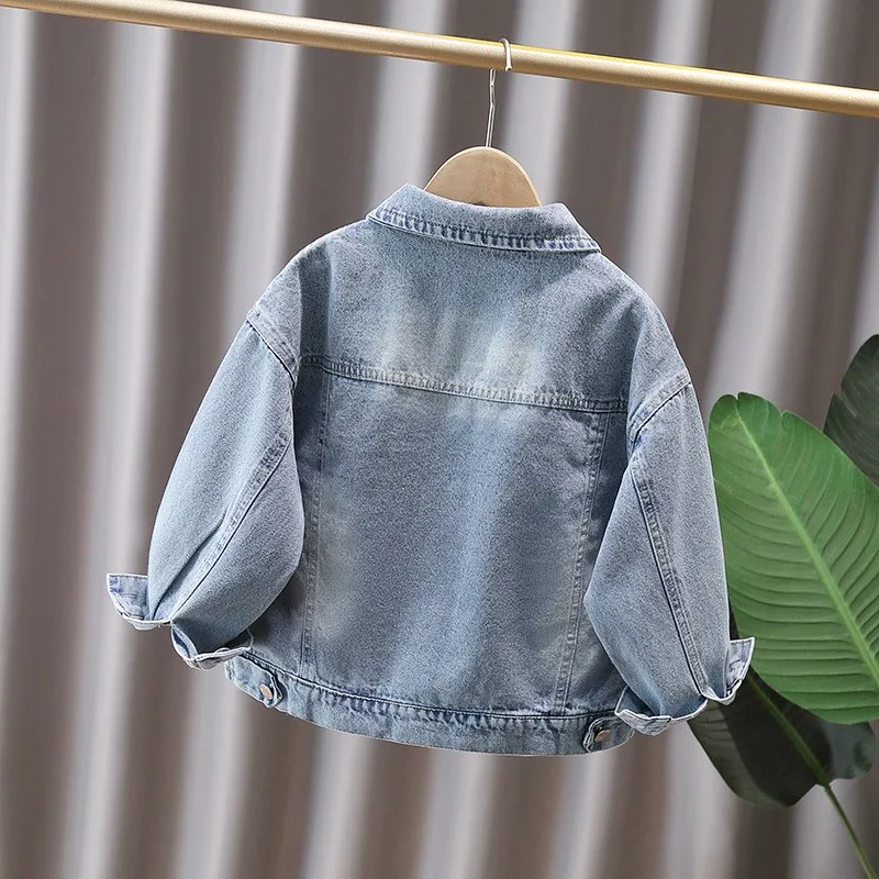 Girls Star Pearl Rhinestone Denim Jacket Lapel Button Jean Coat Kids Spring Autumn Casual Daily Wear Outerwear For Little Girls