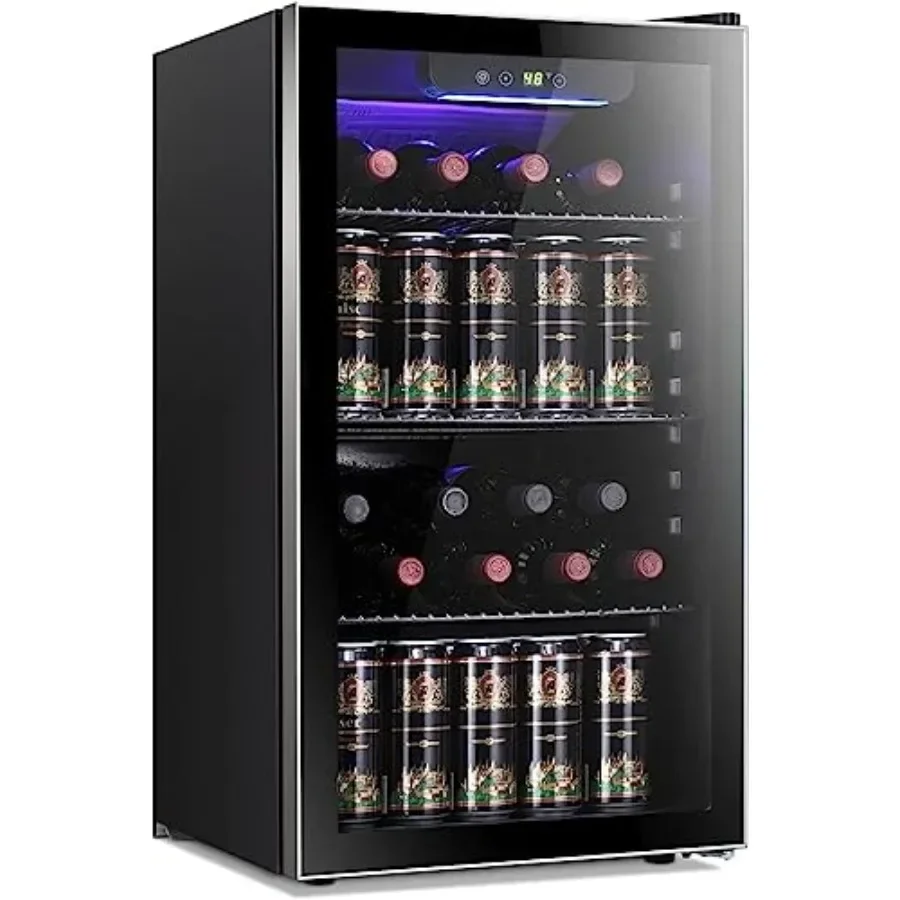 26 Bottle 130 Can Wine Cooler/Cabinet Beverage Refrigerator Mini Wine Cellar Beer Soda Clear Glass Door Bar Fridge Quiet Compre