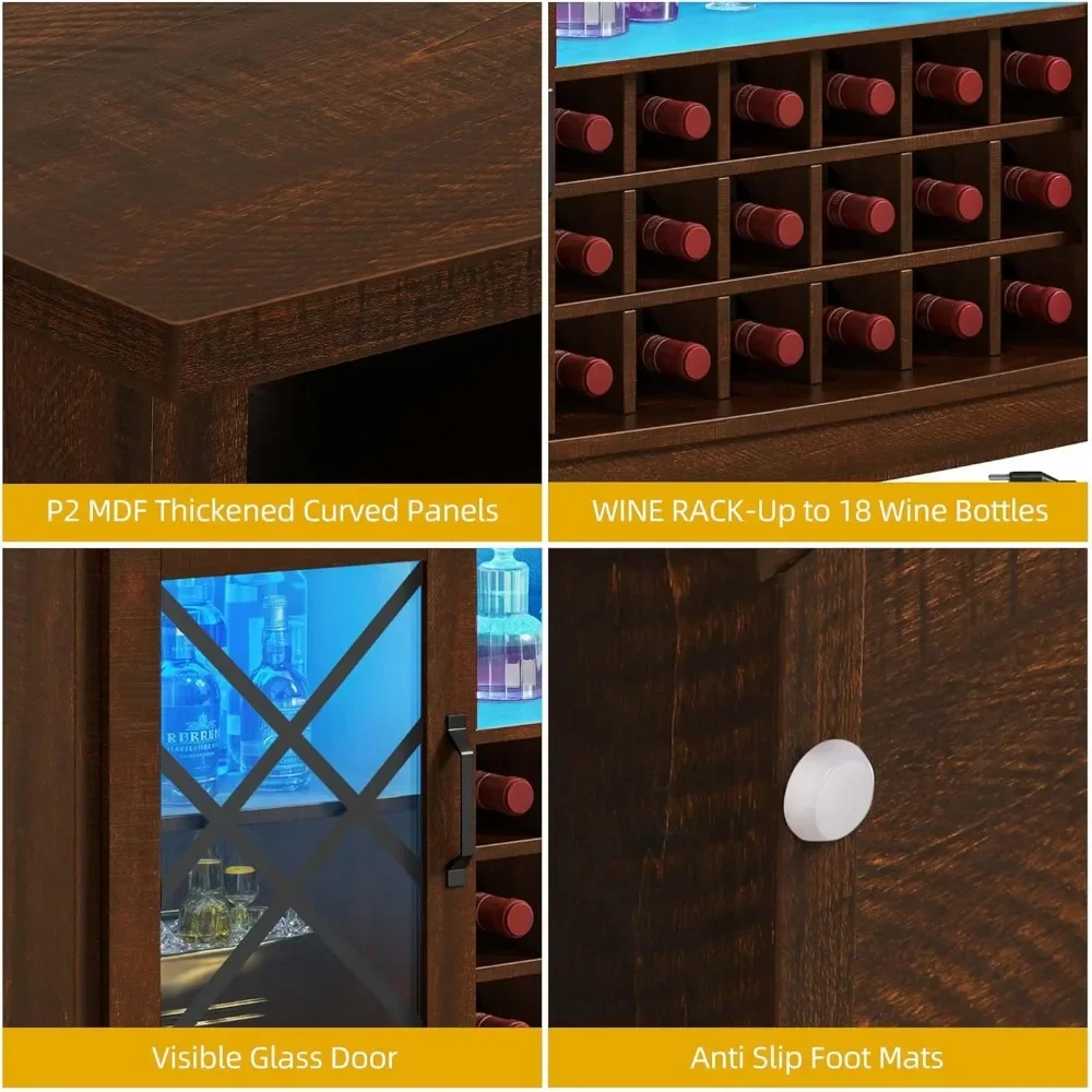 Gabinete de bar de vino minimalista nórdico con estación de carga, estante ajustable, puertas de vidrio templado, 58 pulgadas de ancho con almacenamiento