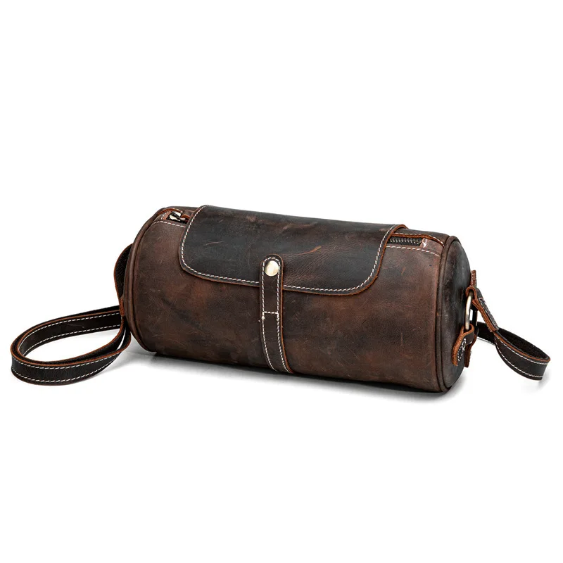 Bolso de cubo redondo de cuero de vaca Crazy Horse Retro para hombre, bolso cruzado de un hombro de cuero genuino, Bolso pequeño de moda para hombre