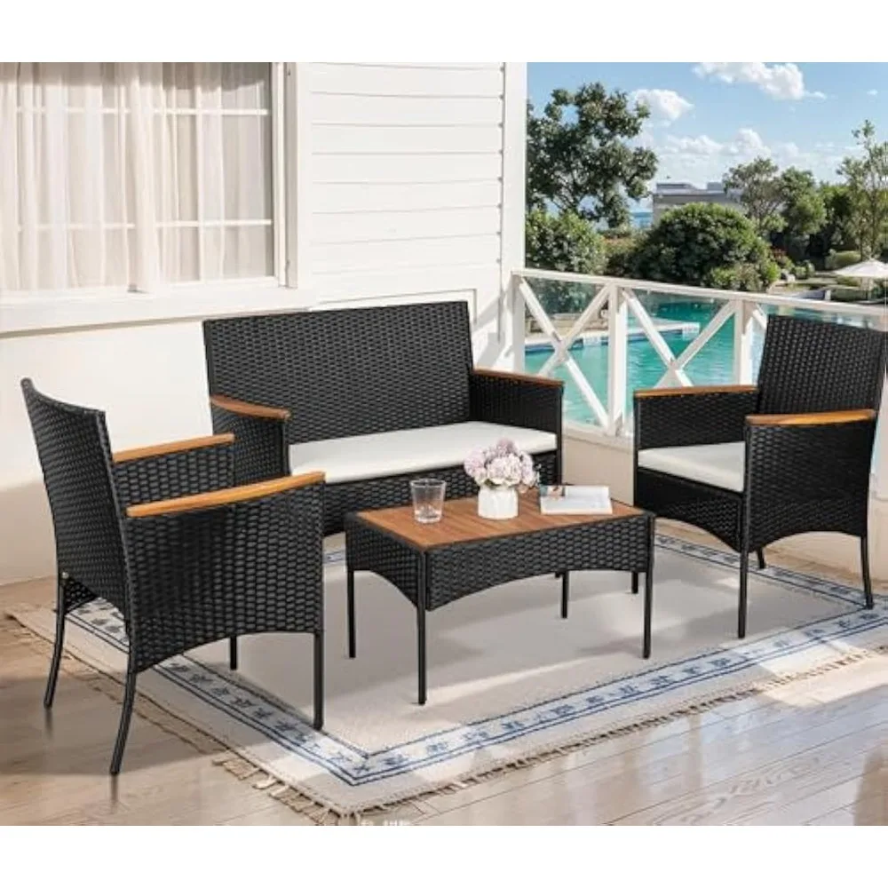 Patio Furniture Set, Outdoor Wicker Patio Conversation Furniture Set with Cushions and Wooden Tabletop for Paito Lawn Backyard