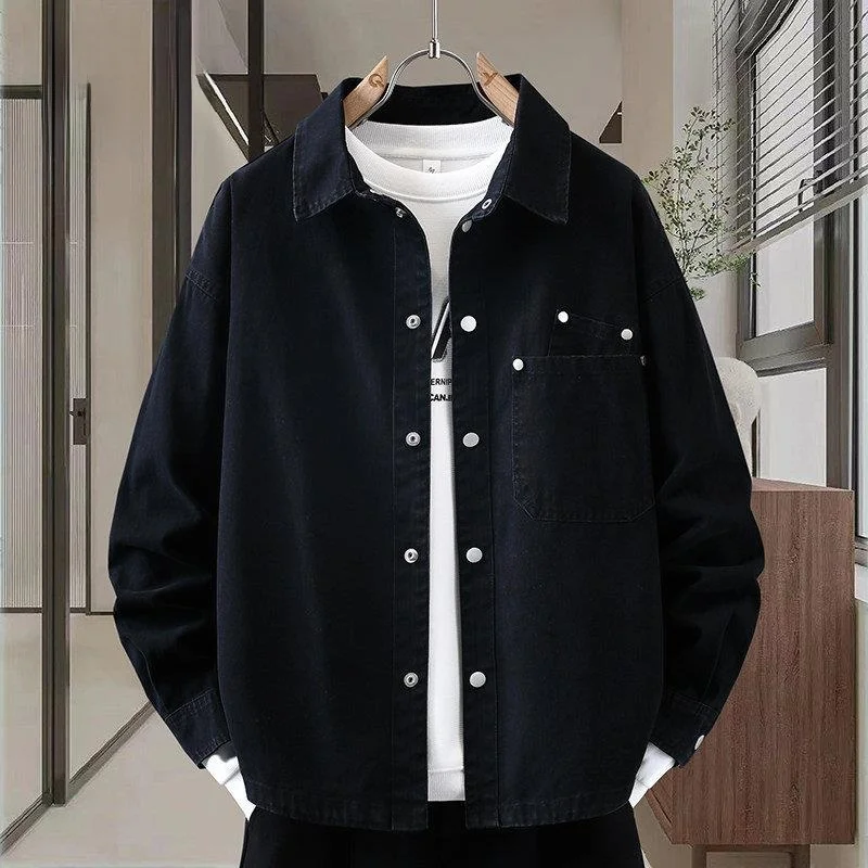 

High-End Men's Denim Shirt Jacket Loose Workwear Casual Style Spring Autumn Fashion Trend Brand Outerwear Long Sleeve Cotton