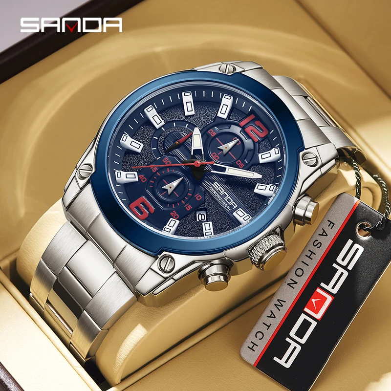 

SANDA 5305 Fashion Business Quartz Wristwatch Waterproof Stopwatch Round Dial Steel Strap Design Date Fluorescence Men Watch