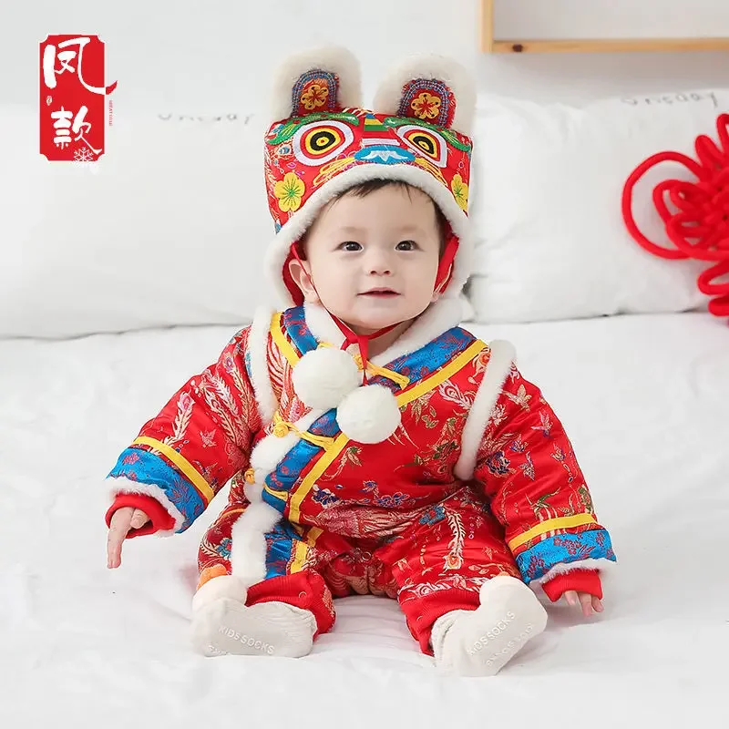 Newborn Baby Thicken Tang Suit Boys Girls Red Dragon Phoenix Embroidery Romper New Year Party Infants Clothing Birthday Gifts