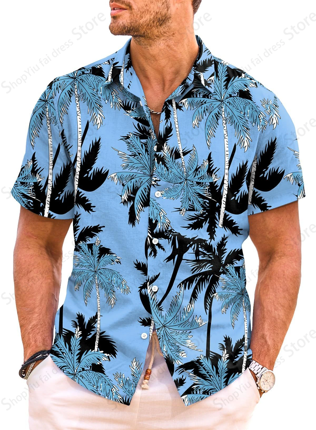 قميص هاواي بطبعة ثلاثية الأبعاد لشجرة جوز الهند للرجال ، قمصان كاجوال بأكمام قصيرة ، أزياء العطلة الصيفية