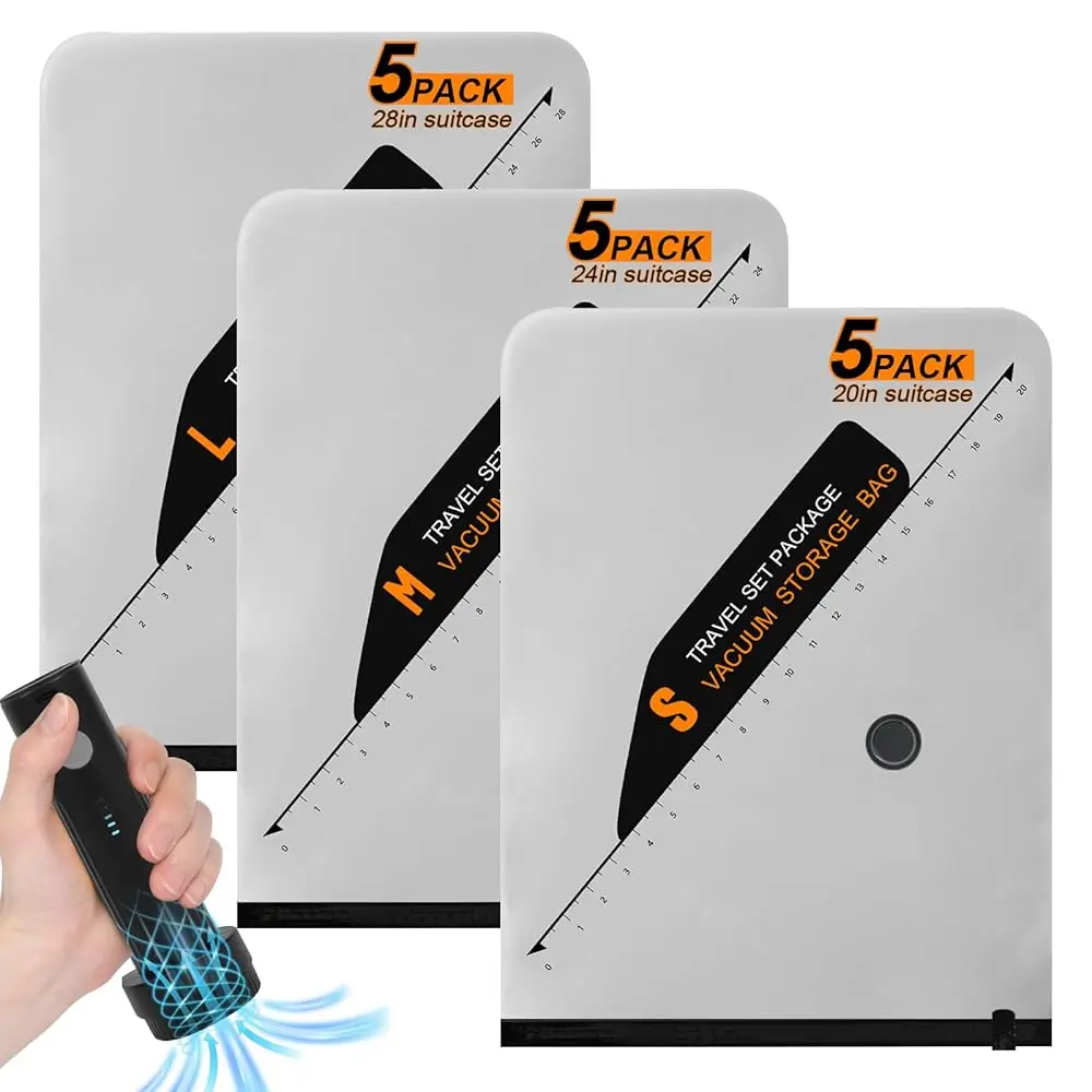 

Free Shipping15 Pack Space Saver Vacuum Storage Bags with 6000Pa Wireless Air Pump for Clothes Comforters, 5 Jumbo+5 Medium+5 S