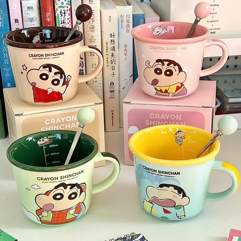 

New Kawaii Sanrio Crayon Shin-chan Ceramic Mug with Spoon High Appearance Level Water Cup for Male and Female Couples Home Gift