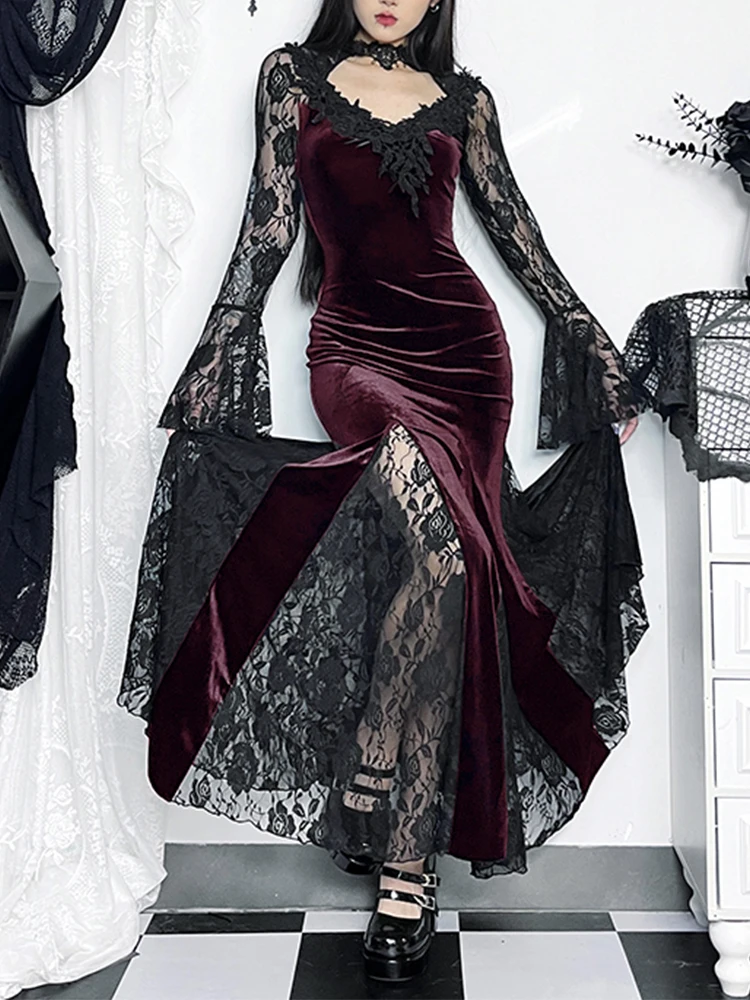 AltGoth Ästhetische Gothic Midi Kleid Frauen Vintage Elegante Spitze Patchwork Durchsichtig Flare Hülse Hohe Taille Clubwear Kleid Femme
