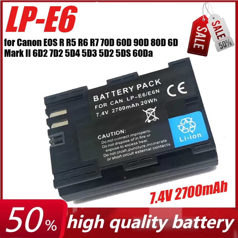 

7.4V 2700mAhLP-E6 LP-E6N Battery for Canon EOS R R5 R6 R7 70D 60D 90D 80D 6D Mark II 6D2 7D2 5D4 5D3 5D2 5DS 60Da Camera+Charger