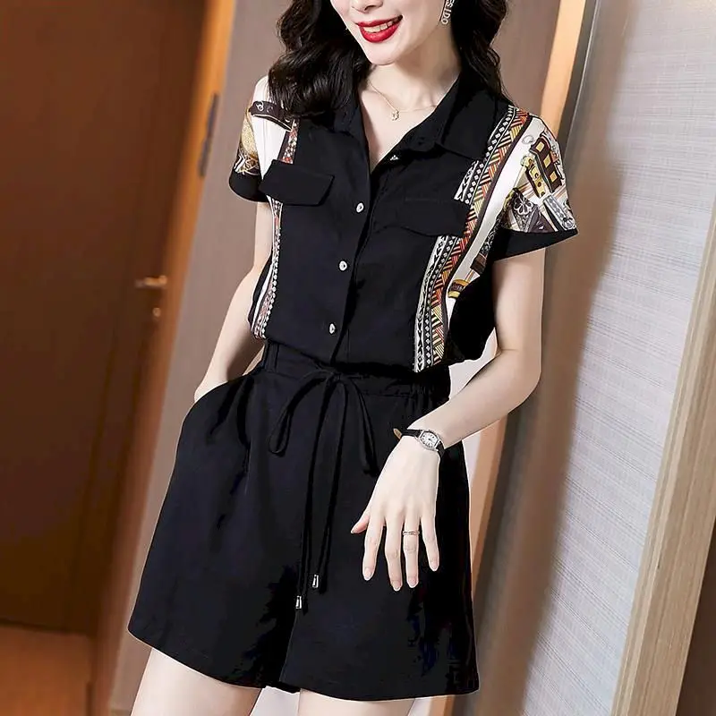 Fashion Jumpsuit Wanita Musim Panas 2024 Jumpsuit celana pendek longgar kemeja lengan pendek pinggang tinggi tipis celana kaki lebar overall playsuit