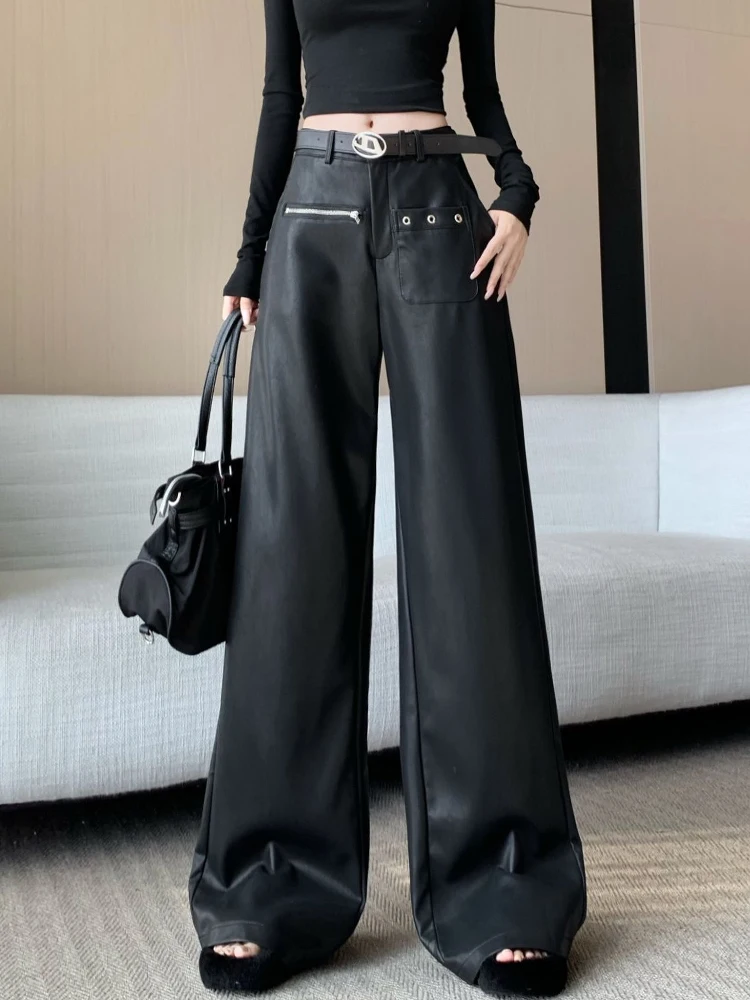 

Wide leg PU leather pants women winter high waisted casual trendy loose hanging feeling floor dragging straight leg pants