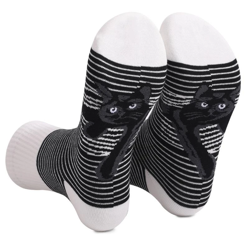 

Women Men Novelty Black White Striped Socks Funny Cartoon for Cat Printed Bottom Casual Tube Hosiery Gifts 15UB