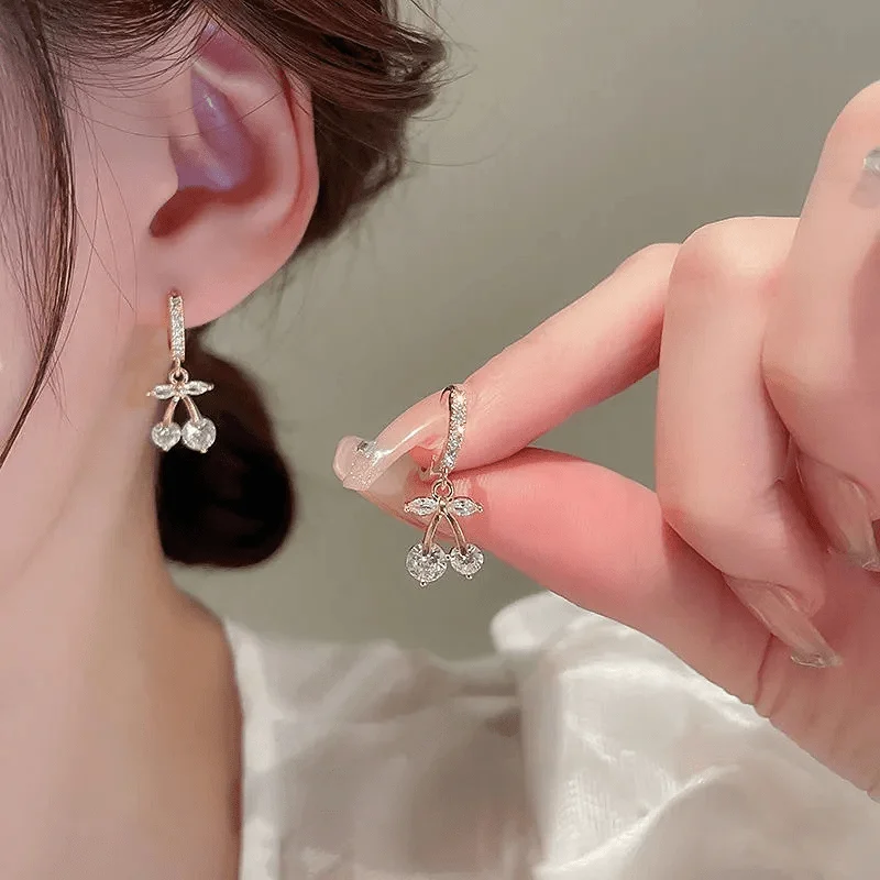 Cute Cherry Pendant Golden Color Earrings for Women New Fashion Trend Temperament Female Daily Party Jewelry Birthday Gifts