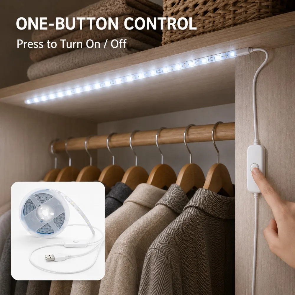 LED Strip Light 2835 USB Button Switch Self-Adhesive Backing Cuttable Flexible For Gaming Desk Bedroom Atmosphere Lighting Decor