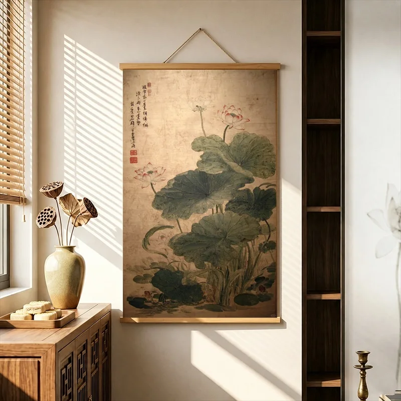 Wall Decor Song Dynasty Lotus Pond, Oriental Ink Pearlescent Canvas Hanging Scroll with Wooden Rods for Tea Ceremony Room