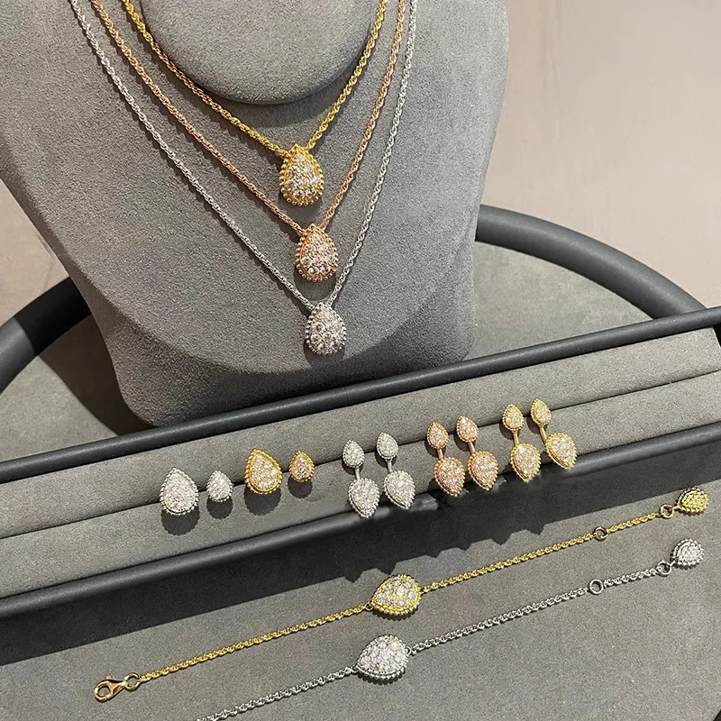 925 Sterling Silber Leicht Luxuriöses Premium Wassertropfenförmiges Schmuckset mit Halskette, Ohrringen, Armband und Ring – Detail 2