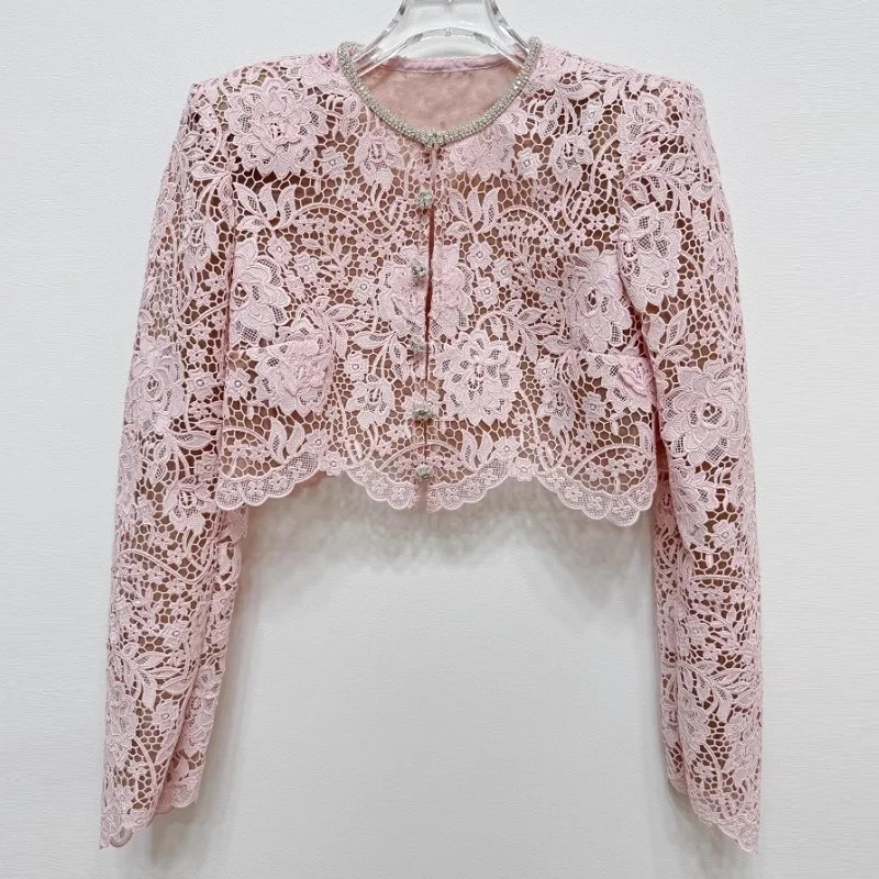 

Lace Blouse Shirt 2025 Spring Autumn Fashion Women Allover Crochet Lace Embroidery Beading Deco Long Sleeve Sweet Pink Crop Tops