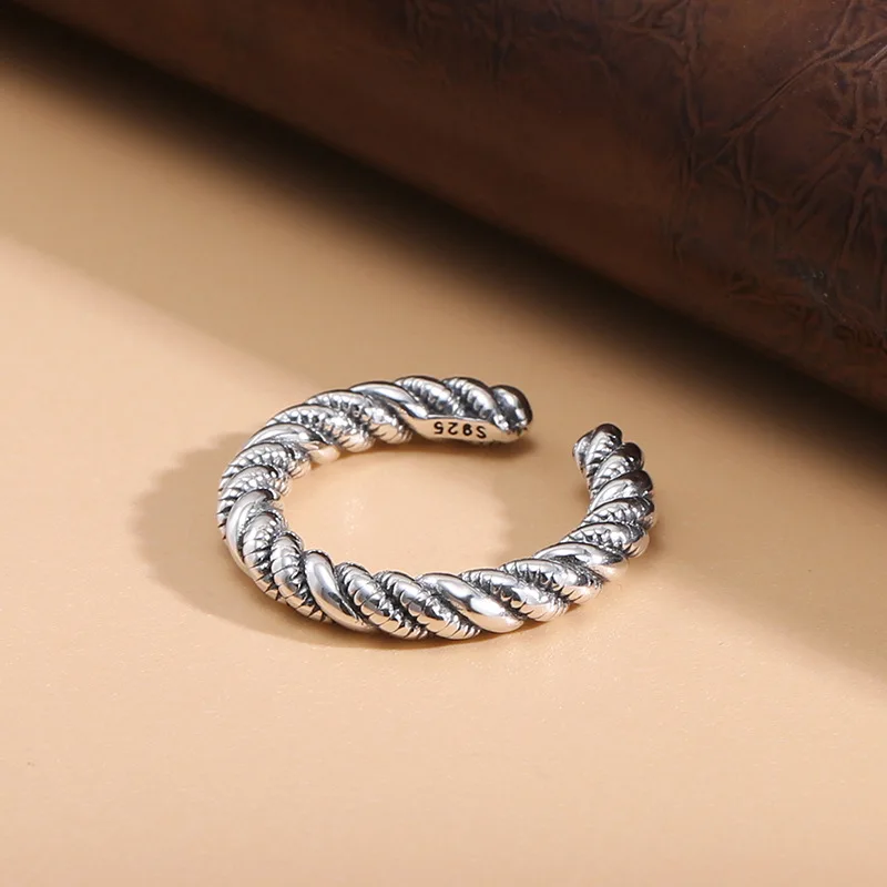 S925 sterling silver stylishcable stitch ring retro distressed trendy jewelry women's niche style design accessories ring