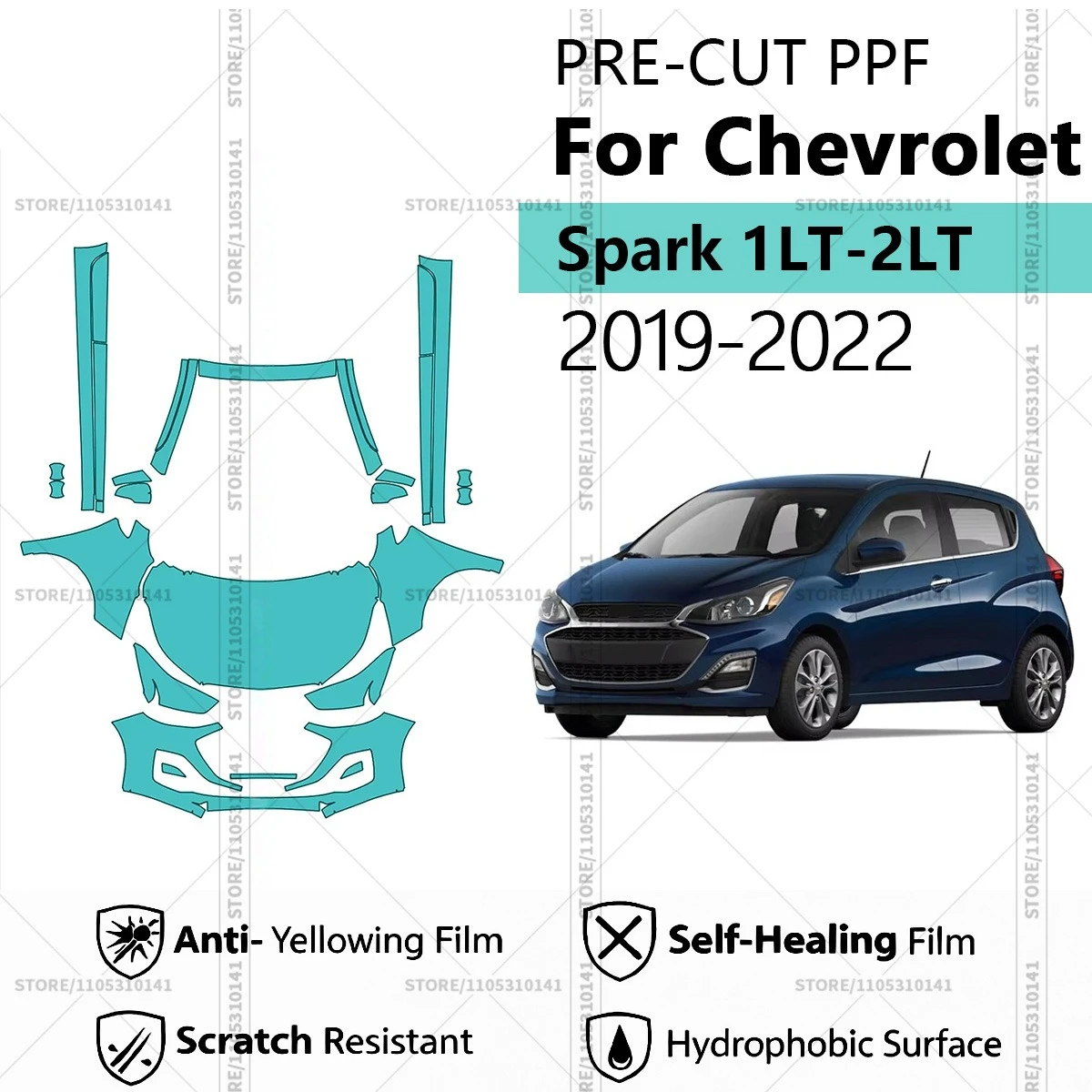 

Для Chevrolet Spark 1LT-2LT 2019-2022: Предварительно вырезанная прозрачная защитная пленка (PPF) для автомобиля, комплект для передней части и порогов.