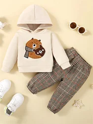 Winter  Toddler  Baby Boy Clothes  Bear embroidered design  Long Sleeve Hoodie Sweatshirt Floral Pants 2Pcs Fall Winter Outfits