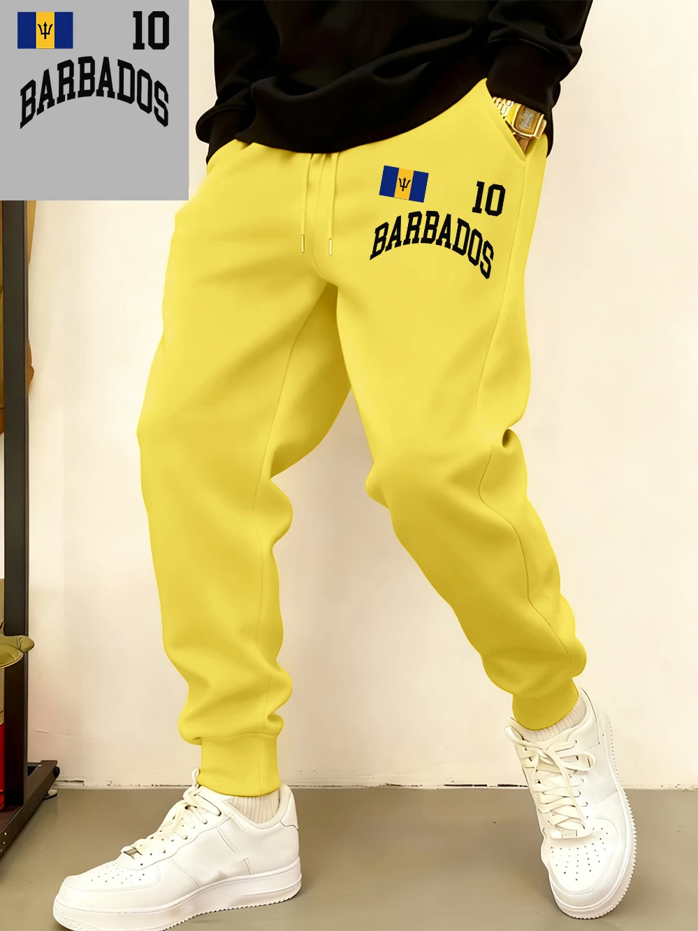 

Barbados Flag Printed Sweatpants Mens Casual Pocket Jogger Pants Winter Fleece Warm Oversized Trousers Basics Male Streetwear