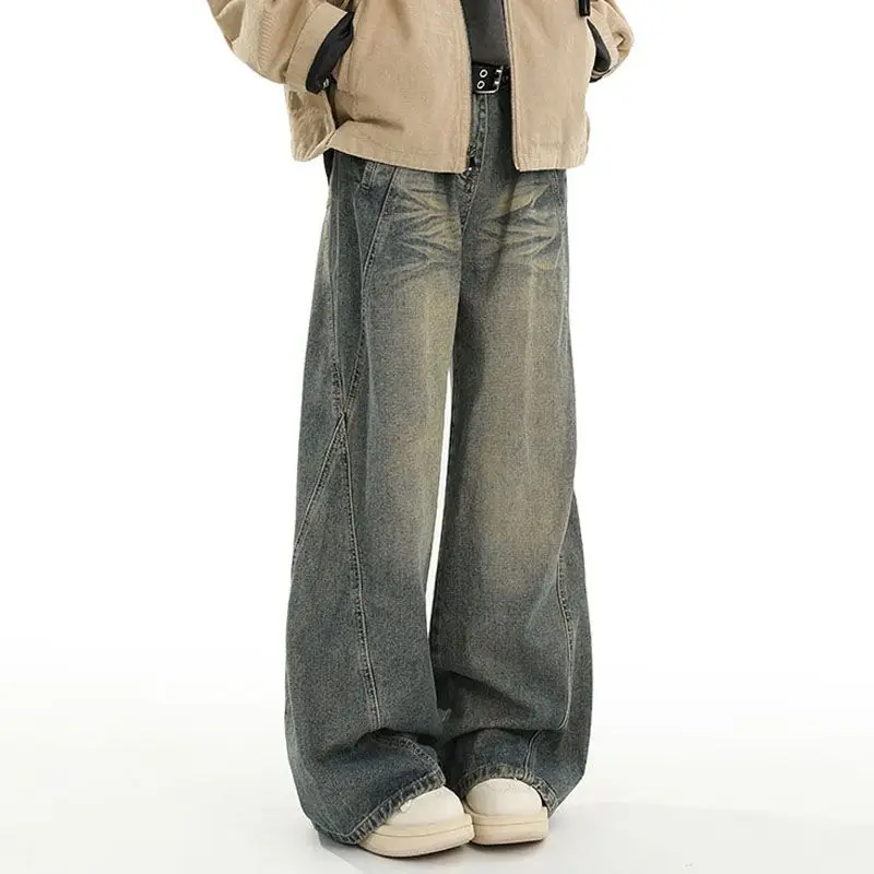 

Retro American Washed Straight Leg Men's Jeans Casual Loose Wide Leg Long Pants mid Waist Multi Pocket Polyester Cotton Blend