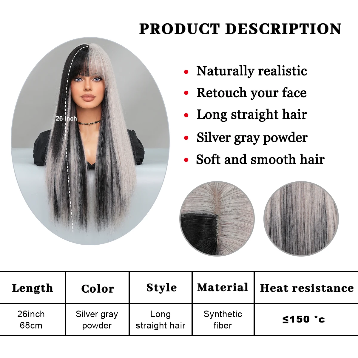 PARK YUN Long Body Straight Silver Ash Hair Wig with Bangs for Women Daily Party High Density Ombre Wigs Heat Resistant Fiber