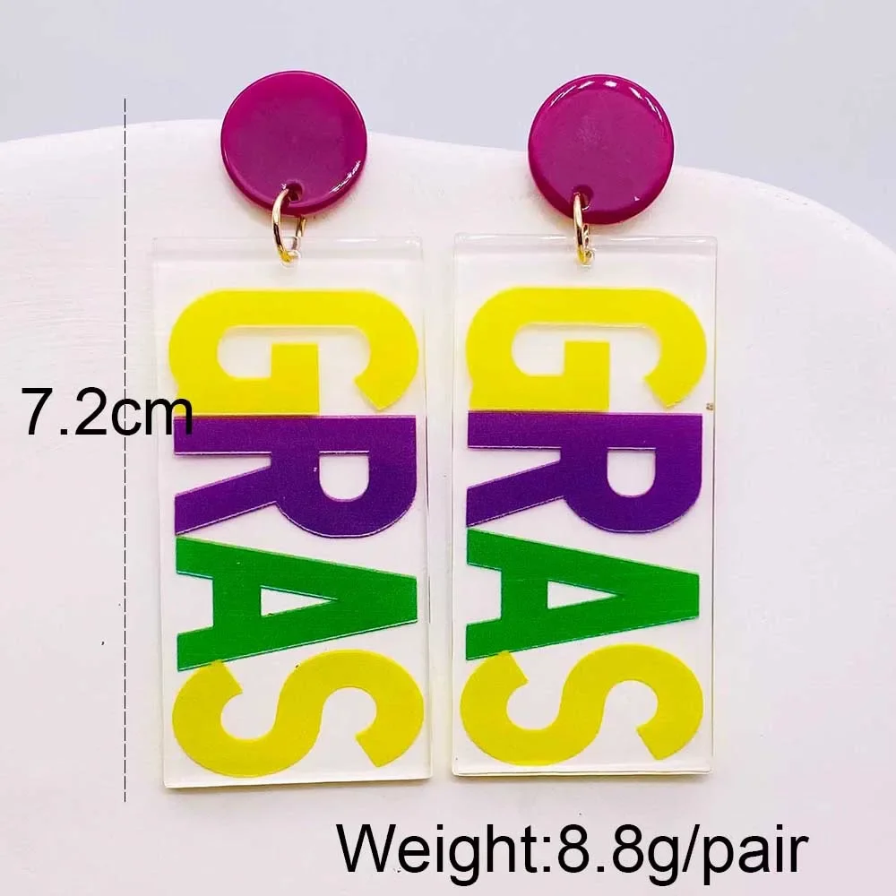 New Mardi Gras Acrylic Stud Earrings Creative Glittered Mask Letter GRAS Avocado Earrings Tuesday Carnival Party Jewelry Gifts