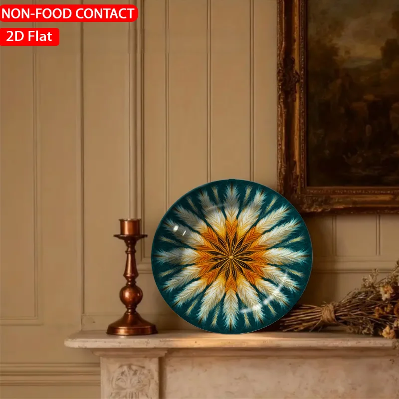 1pc Mandala Feather Radiance Teal Ceramic Plate Non-food Contact, Home Desk Ornaments, Living Room and Bedroom Decorations,